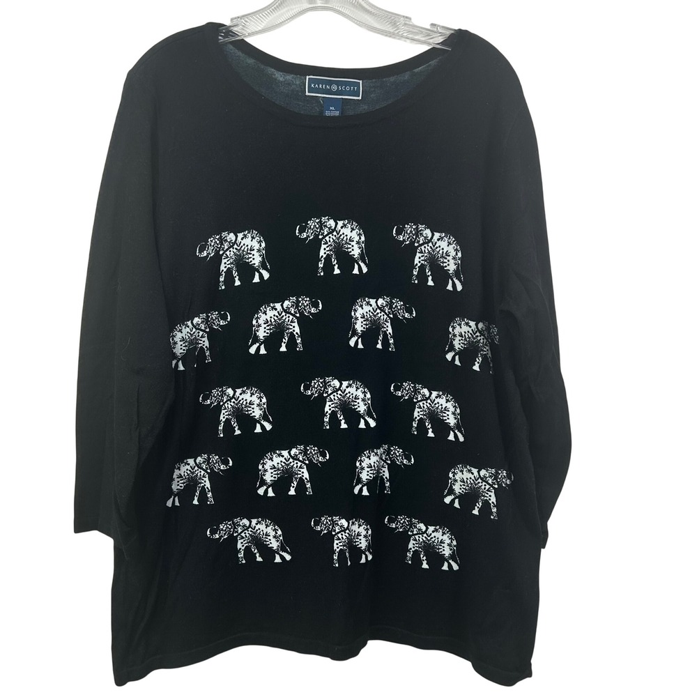 Karen Scott Womens Black Elephant Floral Print Rhinestone Sweater Top XL